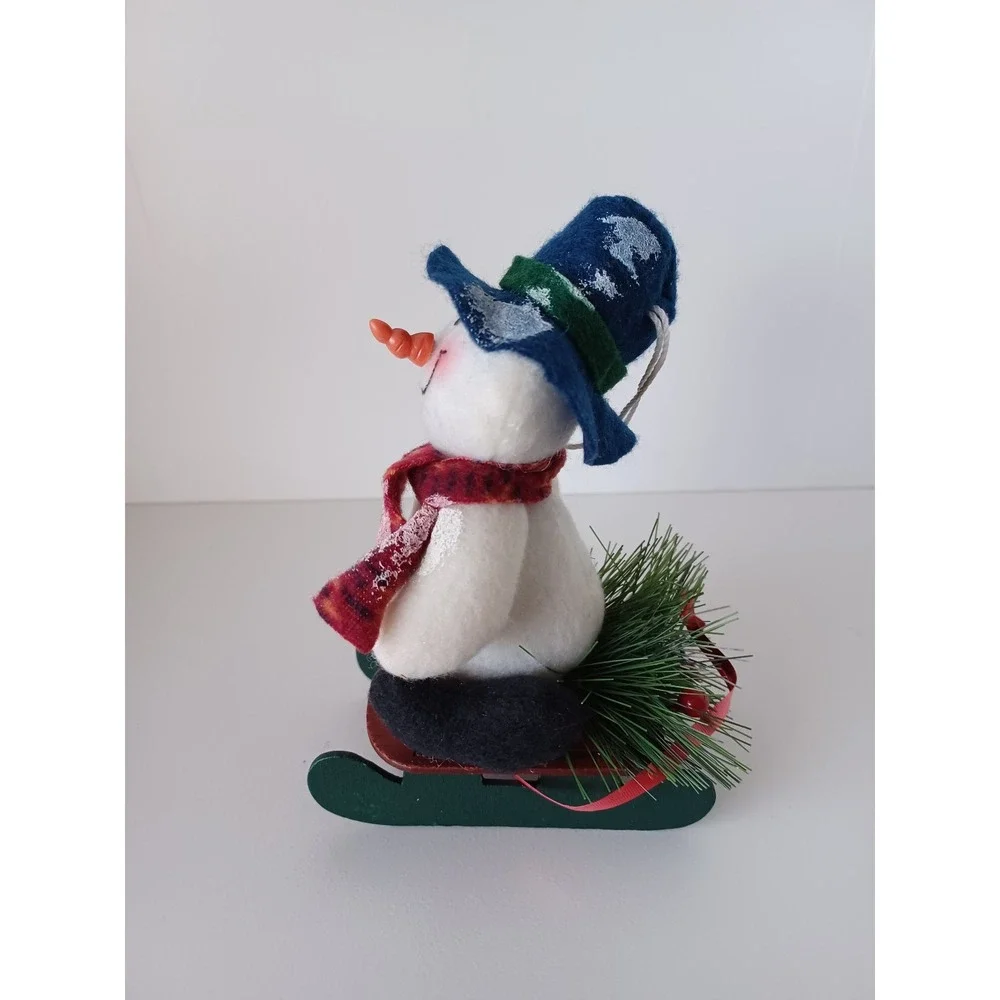 Vintage Snowman Holiday Seasonal Christmas On Sled Ornament Collectible